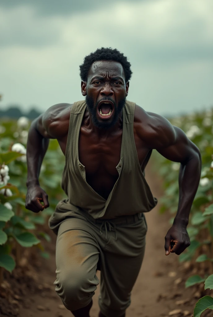 black guy running away from the cotton field scared and crying