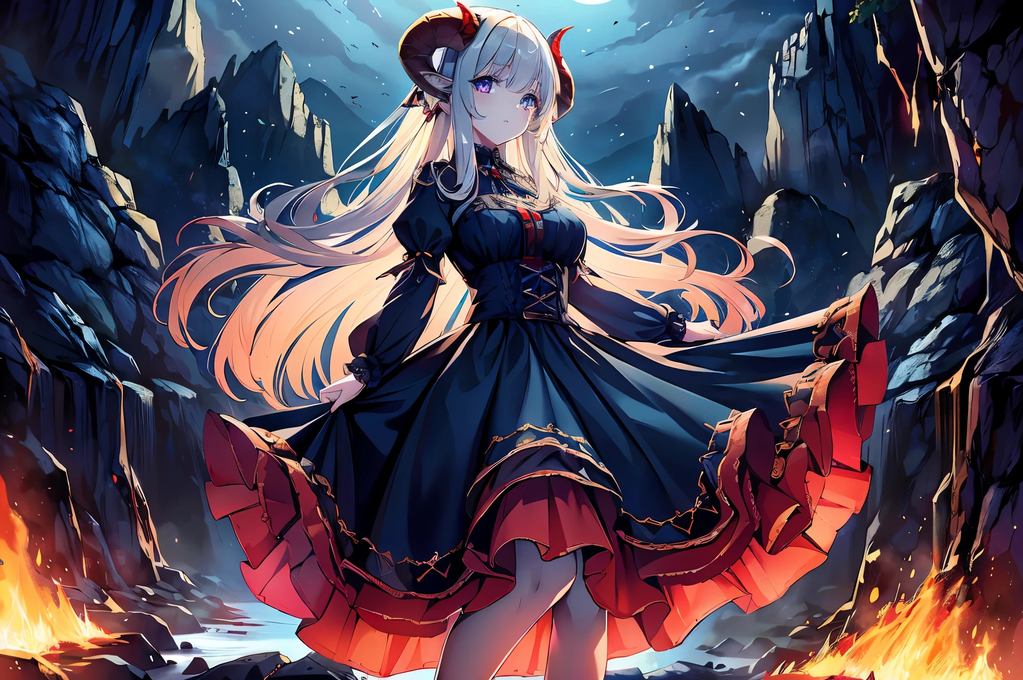 , perfect eyes, soft light, high quality, 4k resolution, masterpiece, textured skin, high details, best quality, award winning, super detail, high quality, A demon queen with goat horns, gothic lolita dress, residing in the depths of hell, Lava flow, Blue long hair, Light blue eyes, Red high heels, navy blue dress