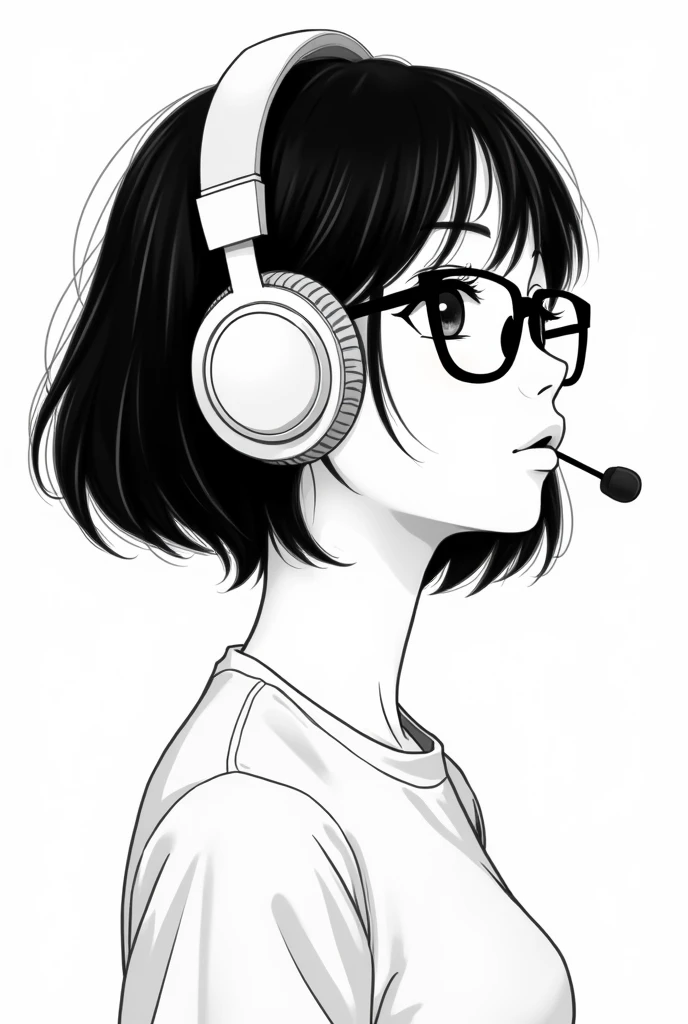 a girl wearing headphone with mic and glasses, looking to the right, draw in black and white, asian,