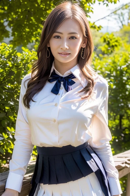 ((High-resolution images, masterpiece, 8k, Very detailed, Accurate, Highest quality, Single Shot)), (Huge Breasts), Unbuttoned shirt, Big Breasts、Cleavage, (Round face, Realistic eye size, Droopy eyes, blush, smile), (((Long Hair))), (in the forest, Mountain), Blonde, Small earrings, 細いnecklace, (light makeup), mini skirt、Flip up the skirt、((((Lifting her skirt to show her panties))))((((Navy Pleated Skirt))))(((((Cleavage))))mini skirt((White collared shirt))mini skirt、Navy Pleated Skirt、high school girl、necklace