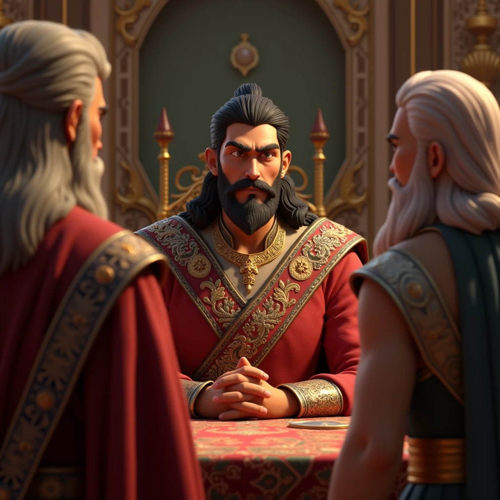 in 3d Animation style "**King Balveer listening carefully**: The king attentively listening to both sides of the argument."
