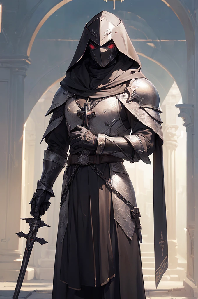 (((masterpiece; best quality: 1.2))), ((1 templar)), ((solo)), (no face: 1.4), (body shape; toned, lean, masculine: 1.3), (beautiful and clear background: 1.2), ((depth of field)), (equipment: templar garb + surcoat with cross + chainmail shirt + closed helmet + leather gloves + black cloak : 1.3), (anime illustration: 1.2), (background composition; palace garden + plants: 1.1), (shot composition; standing + centered on head + bust close-up: 1.5)