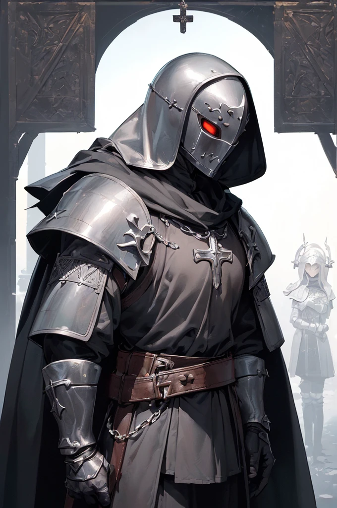 (((masterpiece; best quality: 1.2))), ((1 templar)), ((solo)), (no face: 1.4), (body shape; toned, lean, masculine: 1.3), (beautiful and clear background: 1.2), ((depth of field)), (equipment: templar garb + surcoat with cross + chainmail shirt + closed helmet + leather gloves + black cloak : 1.3), (anime illustration: 1.2), (background composition; palace garden + plants: 1.1), (shot composition; standing + centered on head + bust close-up: 1.5)