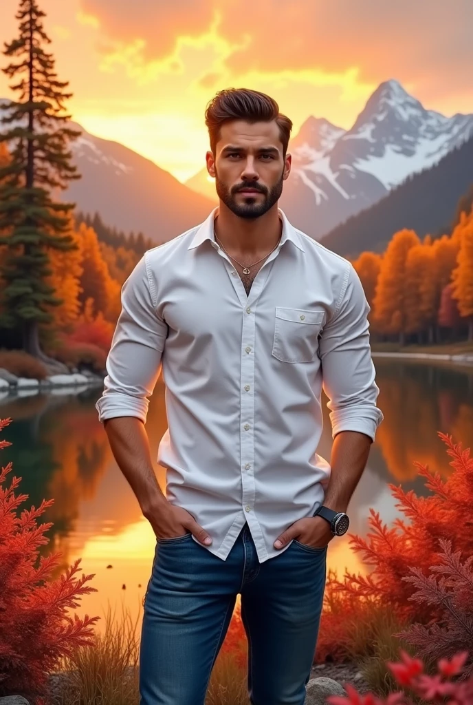 Handsome man short hair wearing white shirt and jeans, standing in front of Orange lake, colorful flowers, red maple trees and snowy mountains, orange sky in the evening, autumn atmosphere 