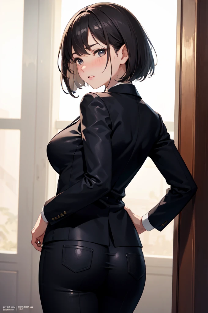 (((masterpiece,best quality,ultra detailed,high resolution))),One person,Cute face,Black Hair,Bob Hair,shame,pants suit,looking back,hip focus,nose blush,confidence,cowboy shot