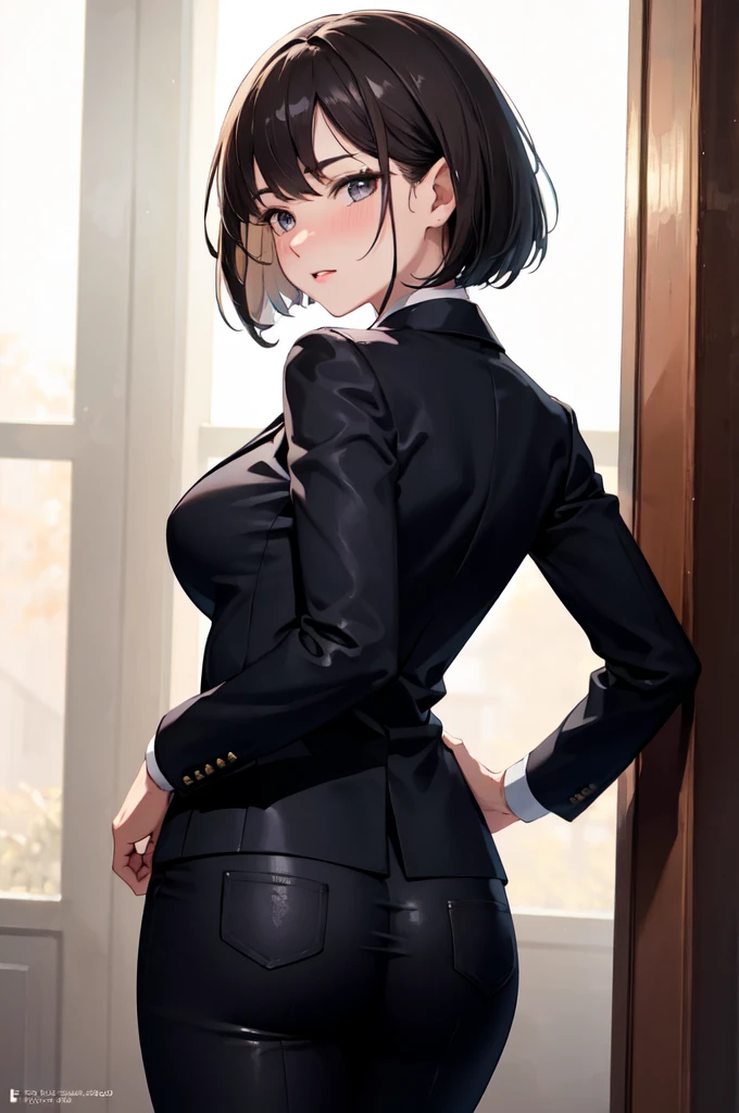 (((masterpiece,best quality,ultra detailed,high resolution))),One person,Cute face,Black Hair,Bob Hair,shame,pants suit,looking back,hip focus,nose blush,confidence,cowboy shot