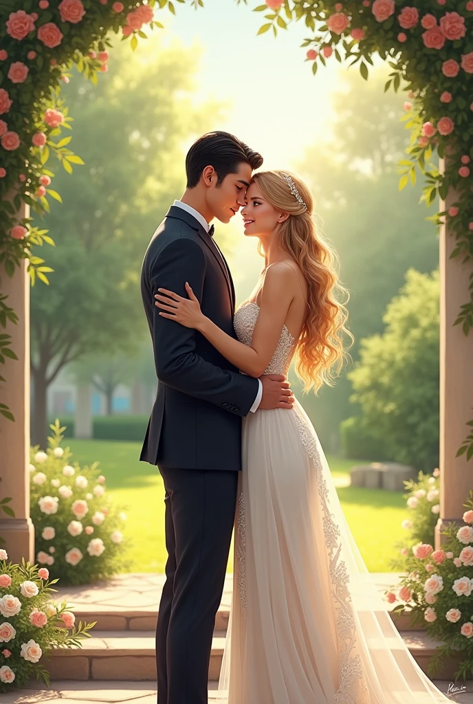 A wedding. The man has black hair and white skin and the bride has long, straight blonde hair and blue eyes.