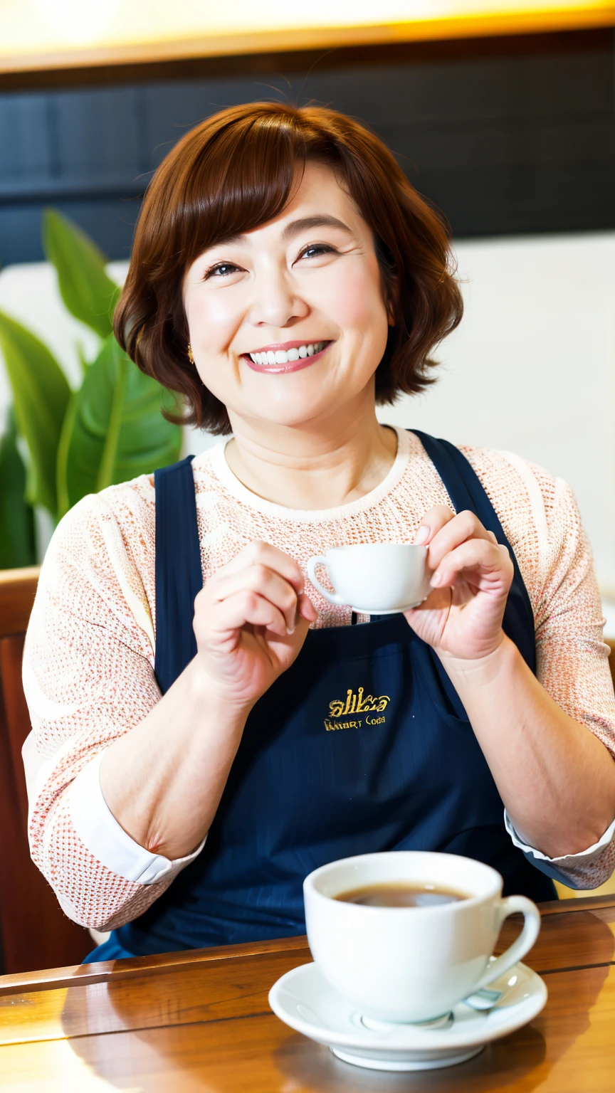 8k wallpaper, masterpiece, Highest quality, Very detailed, One Mature Woman, 50 years old, Become very clear, Wearing a short-sleeved knit, Skin dents, Captivating smile, Looking at the audience, No lapel microphone, Plump, Curvaceous, Attractive face, Smiling with teeth showing, I was happy, sitting in a cafe, Background Blur