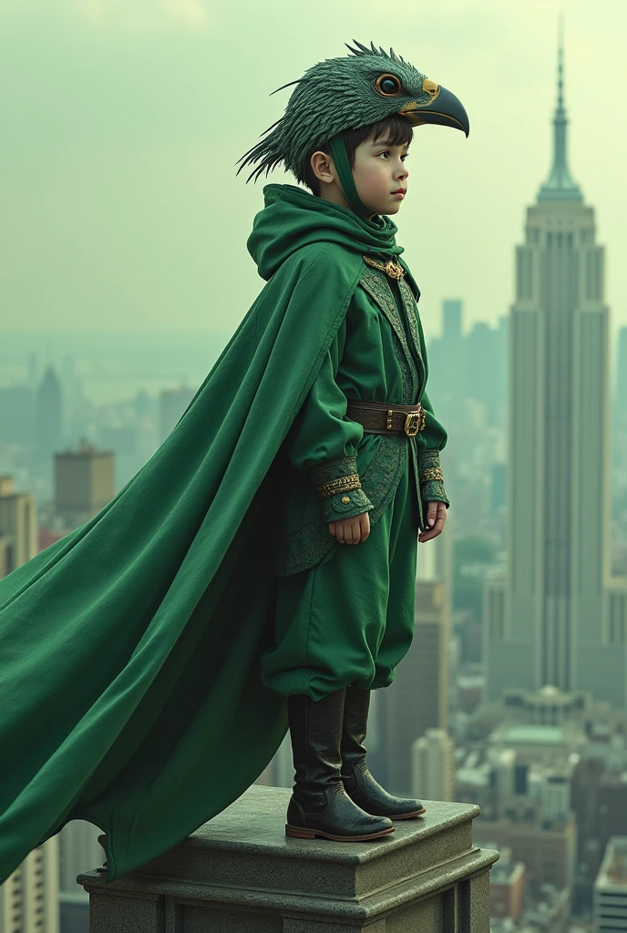 intricate detailed illustration of a boy wearing a helmet with a bird face, green suit, cape, standing on top of a building, hyper realistic, 8k, photorealistic, masterpiece, cinematic lighting, monochrome  fujifilmcolors, dramatic composition