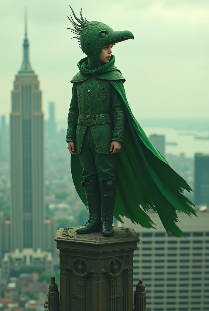 intricate detailed illustration of a boy wearing a helmet with a bird face, green suit, cape, standing on top of a building, hyper realistic, 8k, photorealistic, masterpiece, cinematic lighting, monochrome fujifilmcolors, dramatic composition