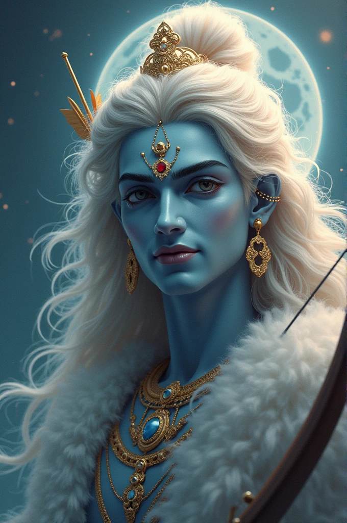 Lord Shri Ram's face was bright, gentle, soft and beautiful like the moon. His eyes were beautiful and big like lotus. His nose was long and well-shaped like his face. He has a bow and arrow in his hand.
