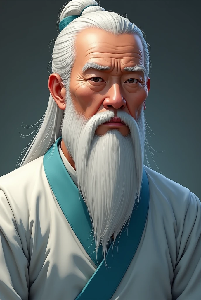 Older man with Asian features, His beard is long and white, Her hair is straight, white and long., his expression is serious, Their clothes are traditional Chinese in shades of light blue and white., digital illustration of video game characters