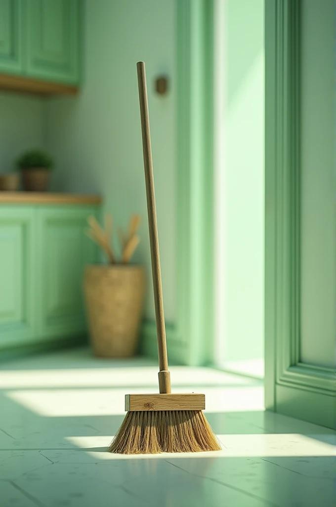 A photograph of this broom sweeping a clean house in green tones