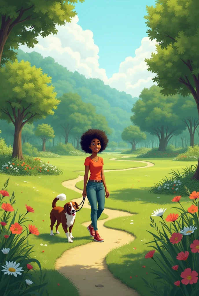 Brunette girl with short curly afro hair walking a dog and a wide background of a park behind her