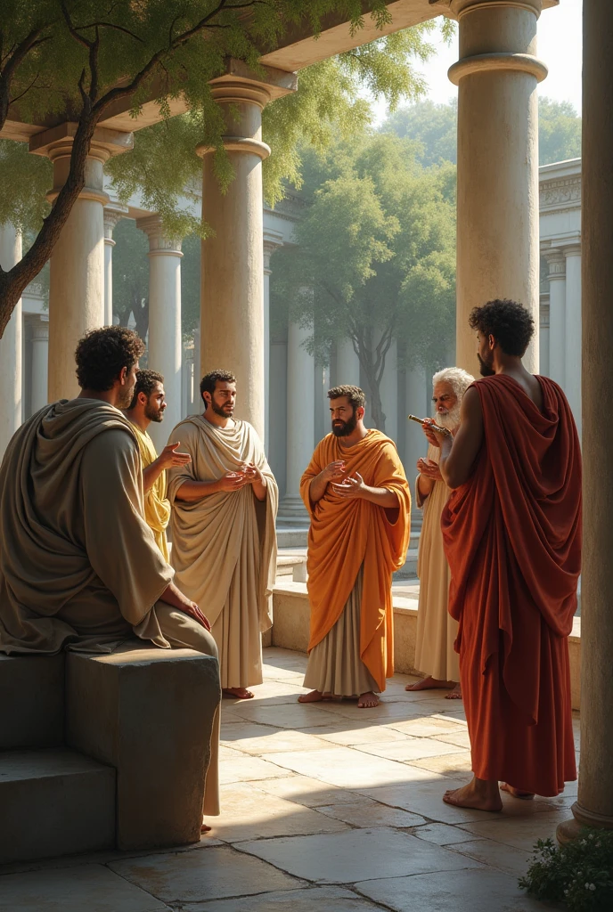 5th century BC.c. - Greeks:
Scene with Greek philosophers discussing the four basic elements (Water, land, air, fire) and a simple cosmological model.