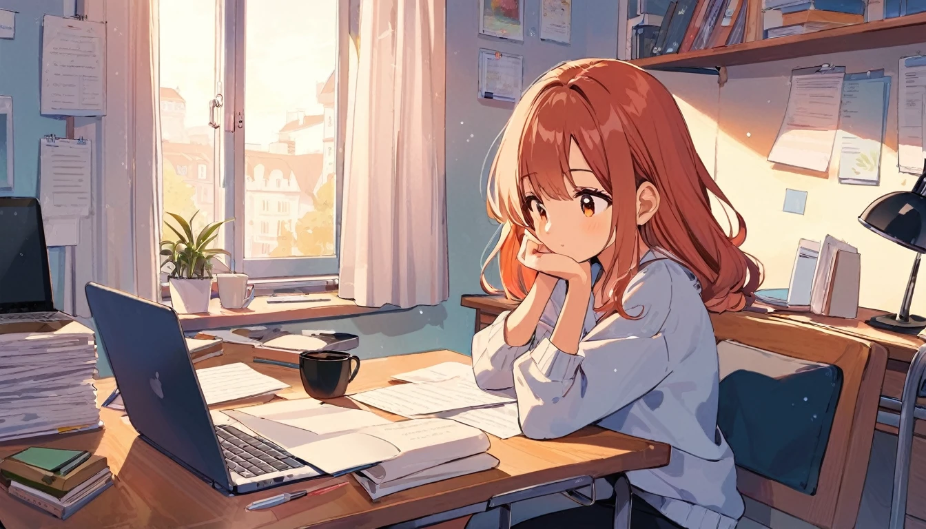arafed woman sitting at a table with a laptop and papers, trying to study, studying in a brightly lit room, studying, studyng in bedroom, studious, by Anna Haifisch, sat at a desk, sat at her desk, by Emma Andijewska, by Christen Dalsgaard, viktoria gavrilenko