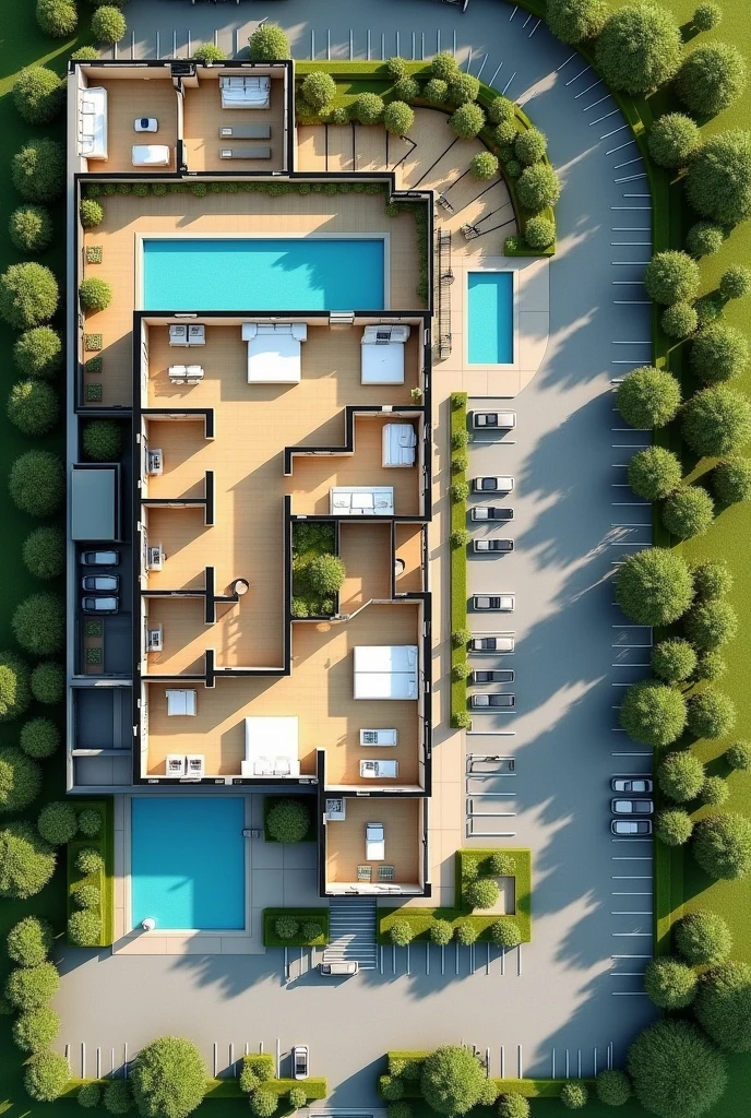 1D hotel floor plan containing the reception area, a restaurant, The recreation space, the rooms, A SPA area, An area for people with disabilities, 3 swimming pools, Connection with green areas, That can be like an open space, The L-shaped parking lot One part in front and the rest alongside, 2 swimming pools in the green area outside the hotel
