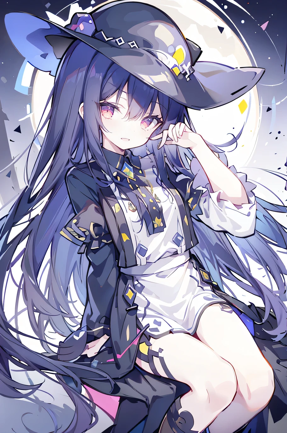 oung Girls,Humanity,A magician always smiles,big witch hat,cute,dark blue long hair,The eyes are dull,The bangs are heavy,Thin eyebrows,fantasy,intake,Double teeth,Star Theme,Constellation pattern,Solid color clothetal decoration,cloak,A bit of a dark atmosphere,A little crazy smile,When the big moon shines outside at night,blood,Hair black star embellishment,Short tie,No nails,High waist skirt,Bell sleeves,Long-sleeved shirt,Black tie,low risk,gentlemen。Mist、Yellow and white effect，Shocking pink as an accent color