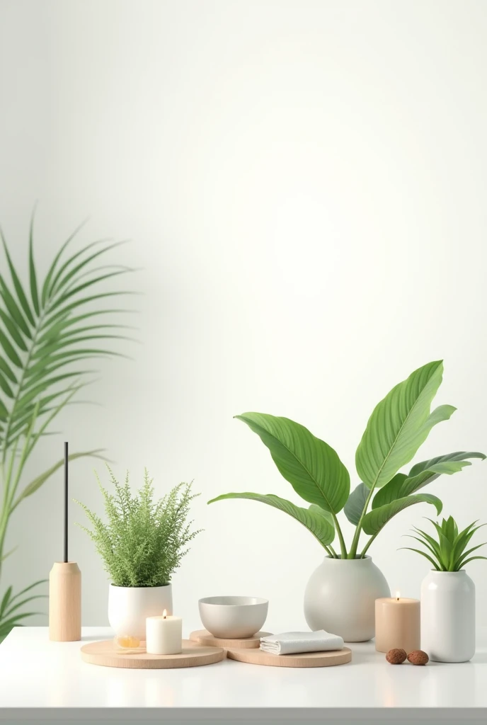 White background image with plants on a white table and relaxation items 