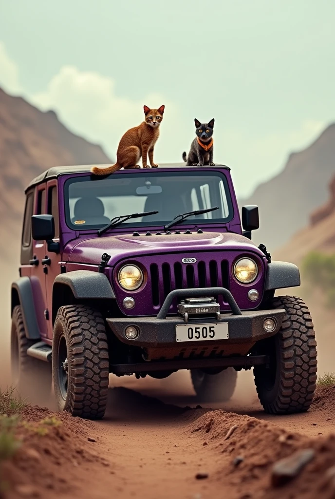 Dark Purple Mahindra Thar car , dirt car , hills background, cat on hood , for phone wallpaper,dog standing next to car wheel, 0505 number on licence plant 