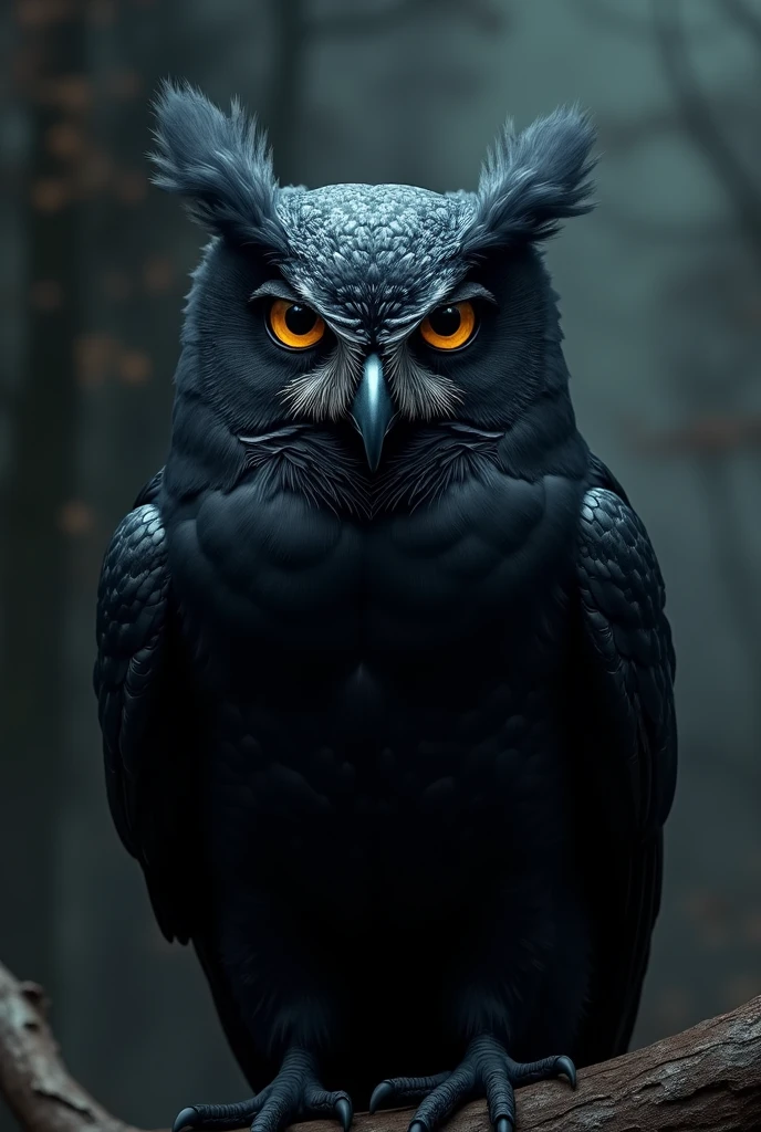Create an image of a black owl with the head of Keanu Reeves 