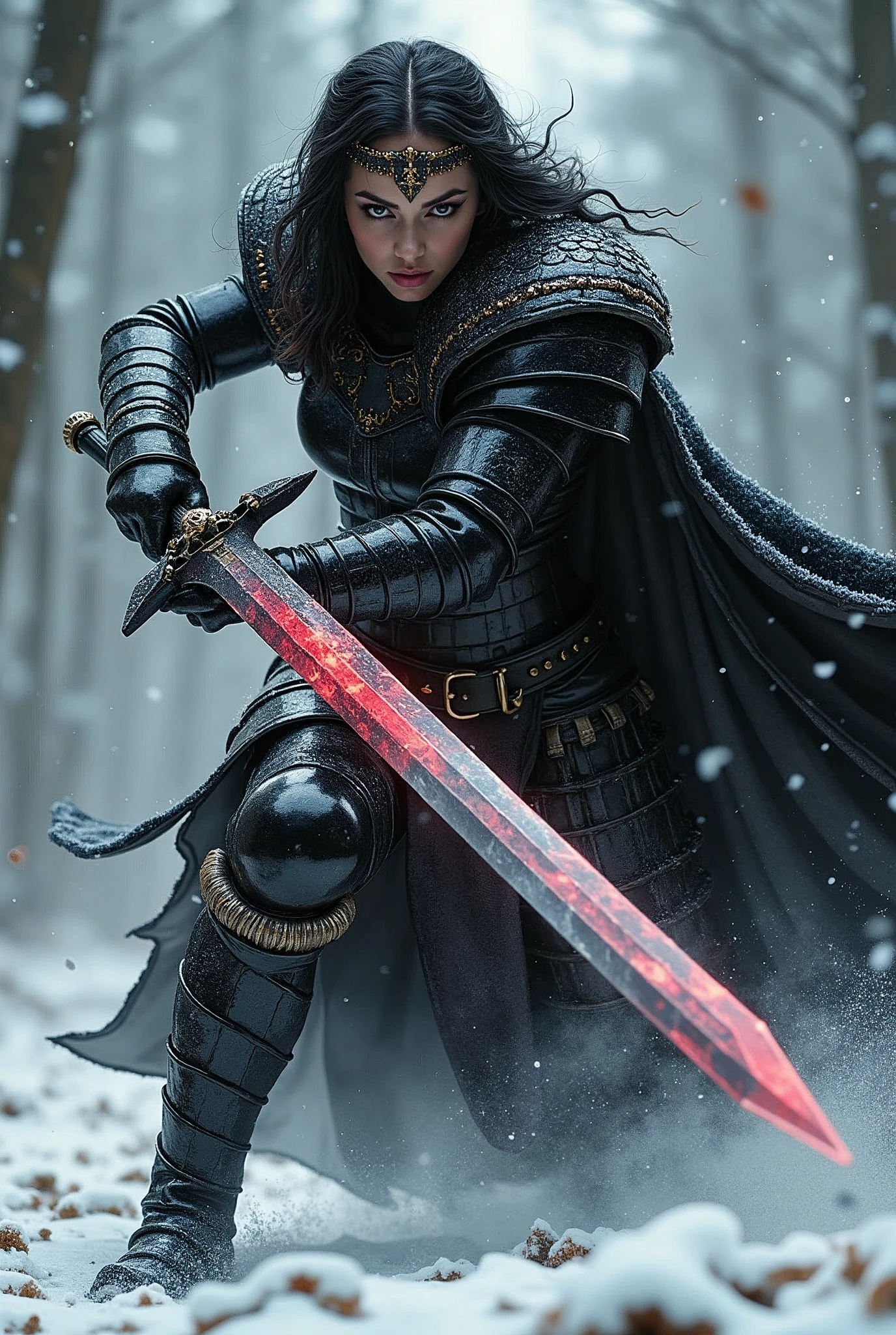 ((upper torso, armored female barbarian savage, battle worn black chrome gloss armor, fur, black cloak, ((((supermodel, triangularface, pointed chin)), short curly [glossblack hair:dark hair:0.7], black lips))), black eyes, blackout eyeshadow, iron tiara), braids, massive glowing red skull engraved sword, windy, outdoor frozen snow snowy forest, dynamic battle pose, lunging, side view
