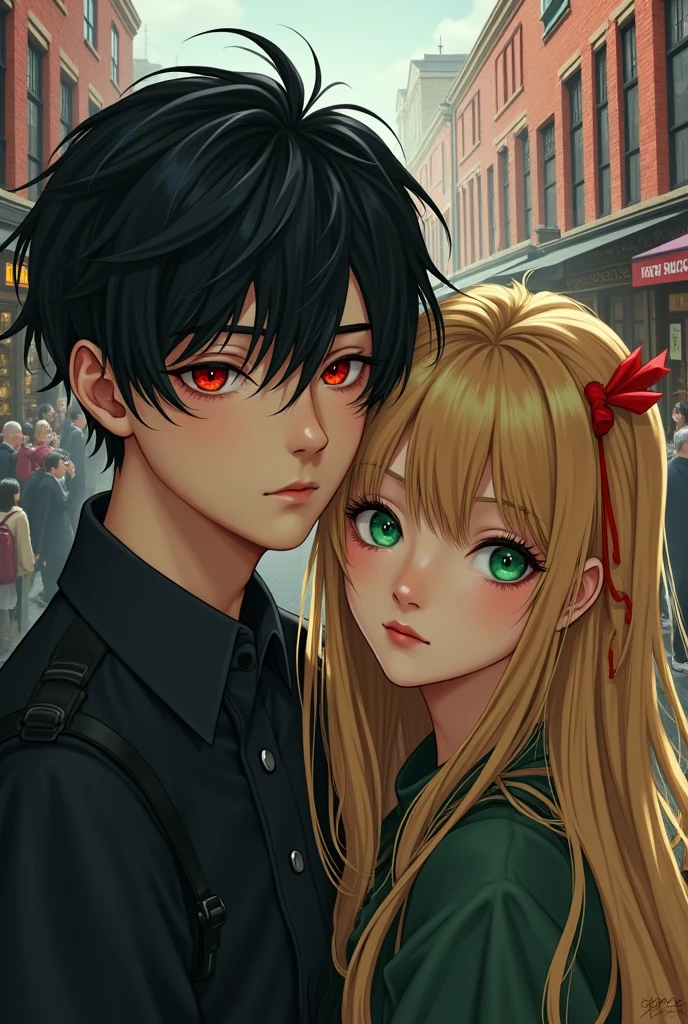 Handsome boy with red eyes, black hair, Next to her a beautiful girl with golden hair and emerald eyes and bangs a red ribbon, In the background there is a street with lots of people and there is only a shop with red bricks and that sells groceries that has horror and mystery in the image