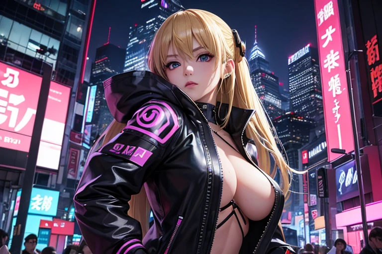 金髪の女性がcyber punkの街に立っている,Full body portrait,(masterpiece, Highest quality, Very detailed, Beautiful details in the eyes,Delicate face), Ultra-realistic, Blonde long hair, Shiny latex micro mini dress,Heart tattoo under the left eye, Seducing the viewer with captivating eyes, Beautiful Art Ultra HD 8K, 8KのVery detailedデジタルアート,cyber punk,{{{Neon Background}}},A very complicated background,Shinjuku,A face with hints of mechanical detail,A large motorcycle with a glossy black body and neon lines.,Cinema Lighting, Ray Tracing.Very detailed夜景,Building district,Purple art design,skyscraper,