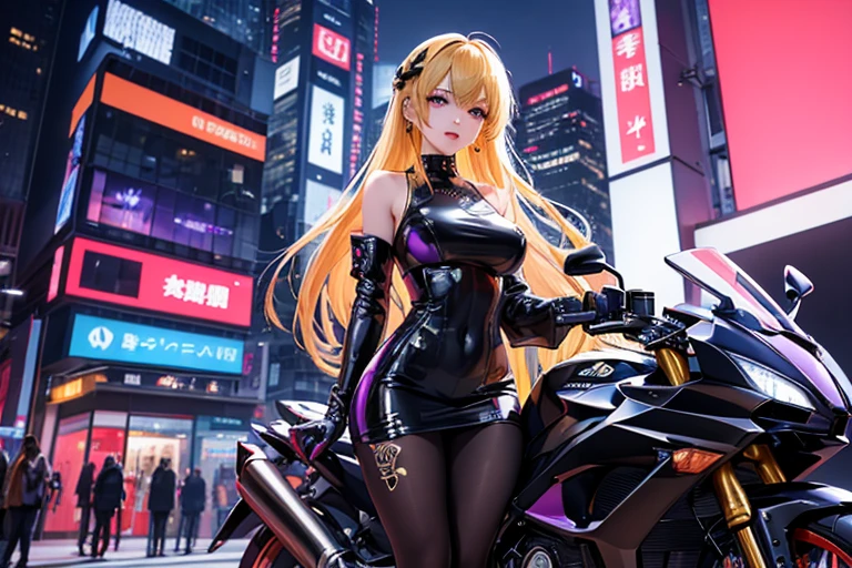 金髪の女性がcyber punkの街に立っている,Full body portrait,(masterpiece, Highest quality, Very detailed, Beautiful details in the eyes,Delicate face), Ultra-realistic, Blonde long hair, Shiny latex micro mini dress,Heart tattoo under the left eye, Seducing the viewer with captivating eyes, Beautiful Art Ultra HD 8K, 8KのVery detailedデジタルアート,cyber punk,{{{Neon Background}}},A very complicated background,Shinjuku,A face with hints of mechanical detail,A large motorcycle with a glossy black body and neon lines.,Cinema Lighting, Ray Tracing.Very detailed夜景,Building district,Purple art design,skyscraper,