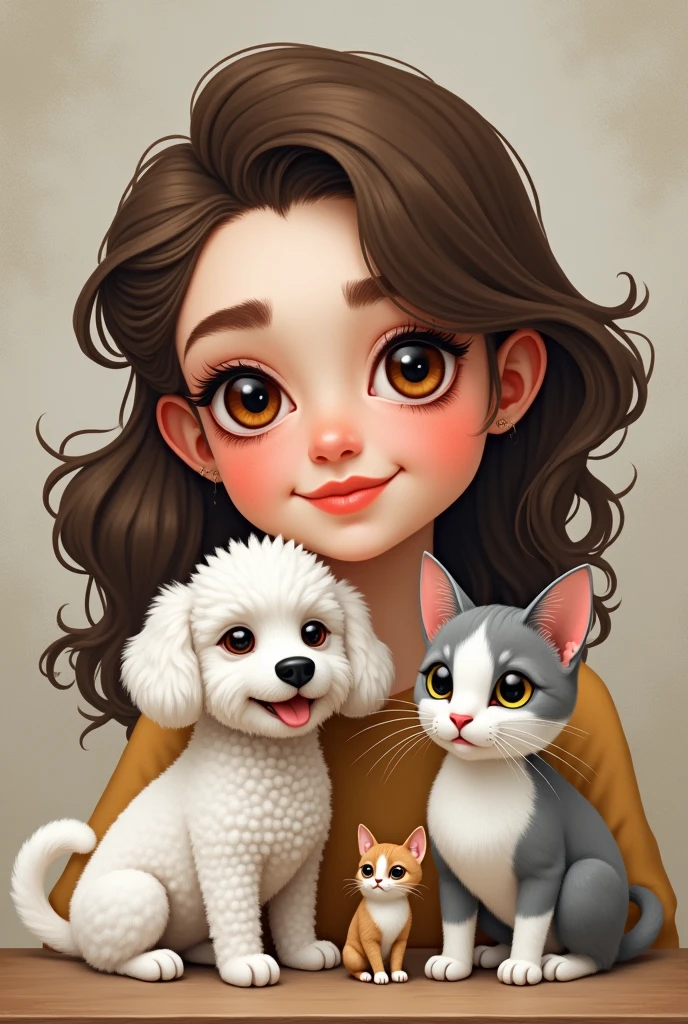 First put a 23 year old girl with brown wavy hair combed to one side, slightly broad forehead and large brown eyes, Medium mouth with the lower lip slightly larger than the upper lip, chubby with slightly pink cheeks and short neck, with a wide texture, a small mole on the left cheek; Second, put a white but flat poodle with ears that go from white to very light brown.; Third, put a light gray cat with white that goes from the eyes like a line and expands throughout the snout., with a pink nose and not so clear green eyes; Fourth on the side put a small white short-haired Chihuahua breed dog with only 1 eye with a brown circle around the eye 