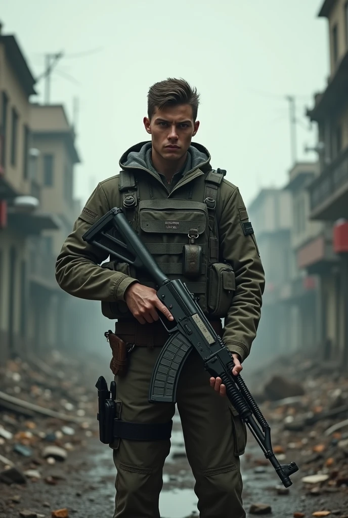The character of a young man in a bulletproof vest holding an AK 74 weapon standing in the middle of a dead city.