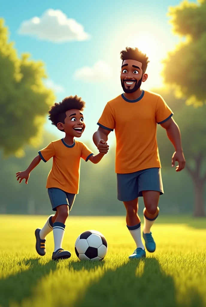 6 year old black boy playing soccer with his black dad