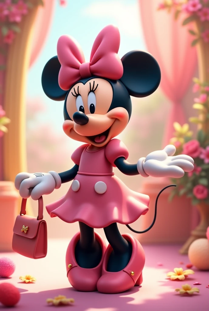 Pink Minnie holding a small bag in her right hand
