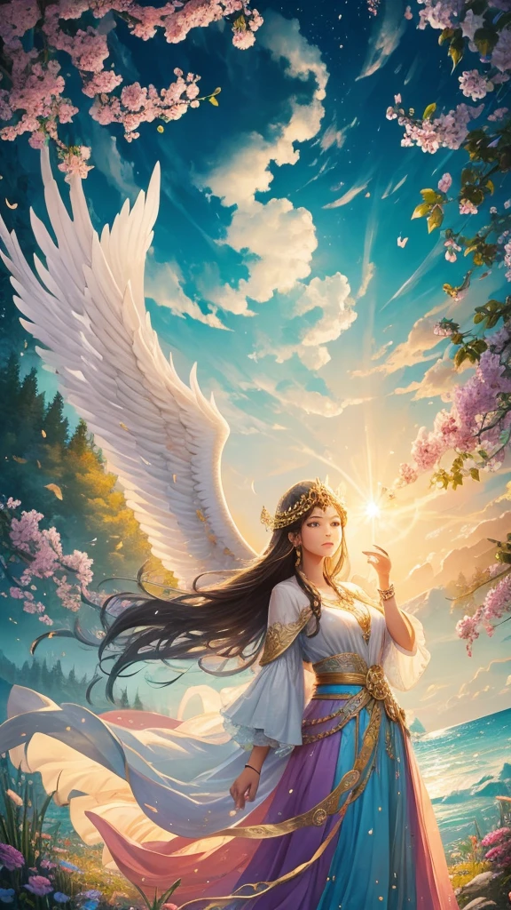 Good luck background image、A powerful miracle of light pours down、wishes come true、Good luck and satisfaction、May you find happiness in both your work and personal life.、Image of breaking the chain、key、Angel Wings、Gold coins、heart、Trees、sense of stability