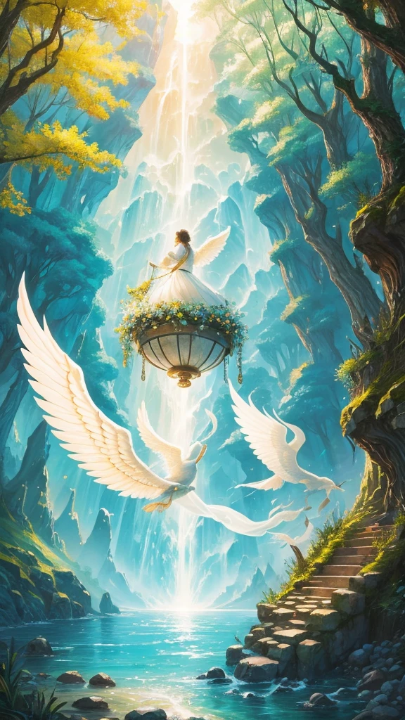 Good luck background image、A powerful miracle of light pours down、wishes come true、Good luck and satisfaction、May you find happiness in both your work and personal life.、Image of breaking the chain、key、Angel Wings、Gold coins、heart、Trees、sense of stability