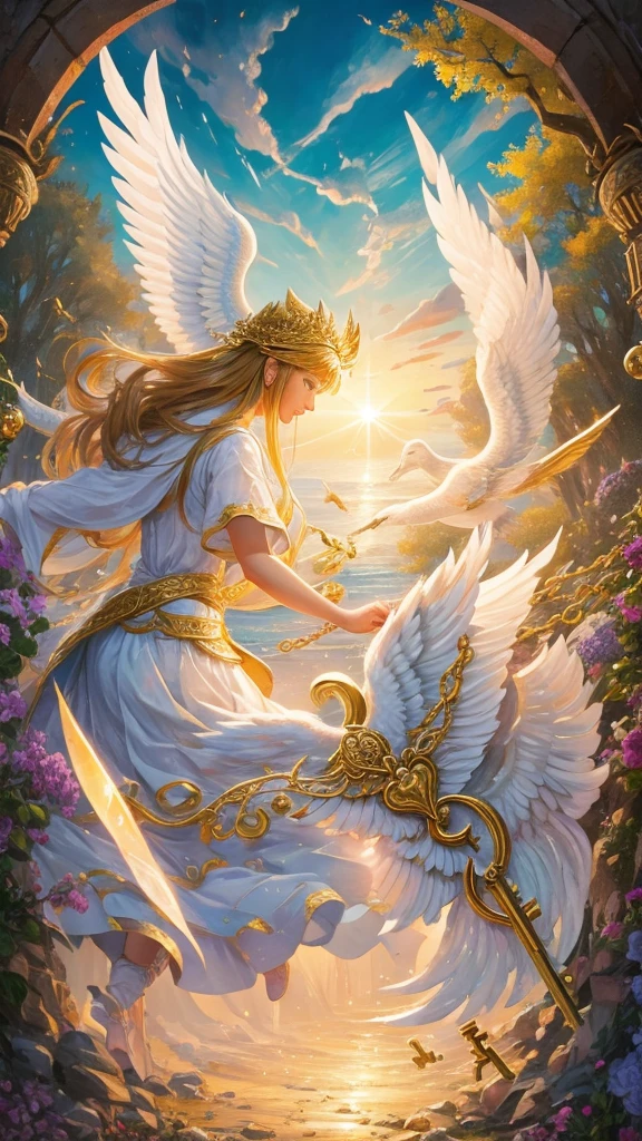 Good luck background image、A powerful miracle of light pours down、wishes come true、Good luck and satisfaction、May you find happiness in both your work and personal life.、Image of breaking the chain、key、Angel Wings、Gold coins、heart、Trees、sense of stability