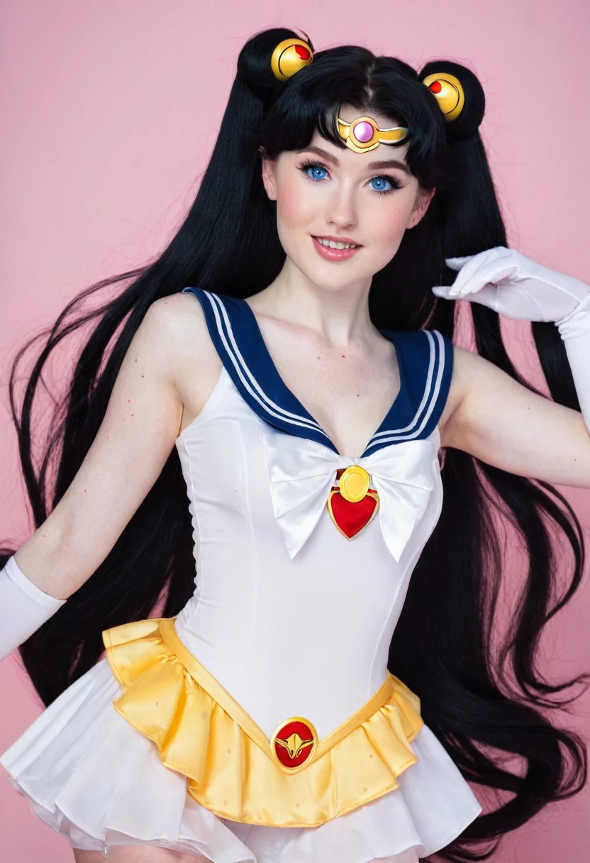Caucasian woman 1.75 tall, light blue eyes, long black hair, pale skin and freckles, double E breasts, big butt. She is dressed as a sailor moon.