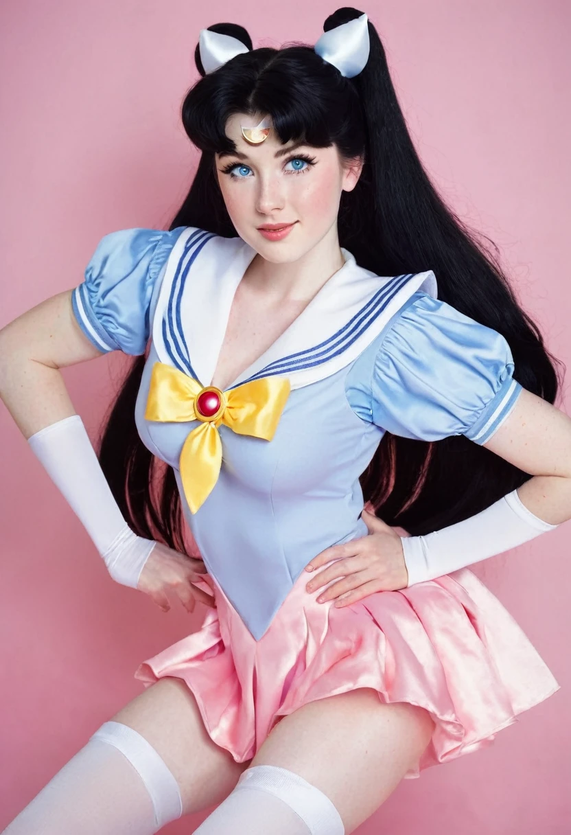 Caucasian woman 1.75 tall, light blue eyes, long black hair, pale skin and freckles, double E breasts, big butt. She is dressed as a sailor moon.