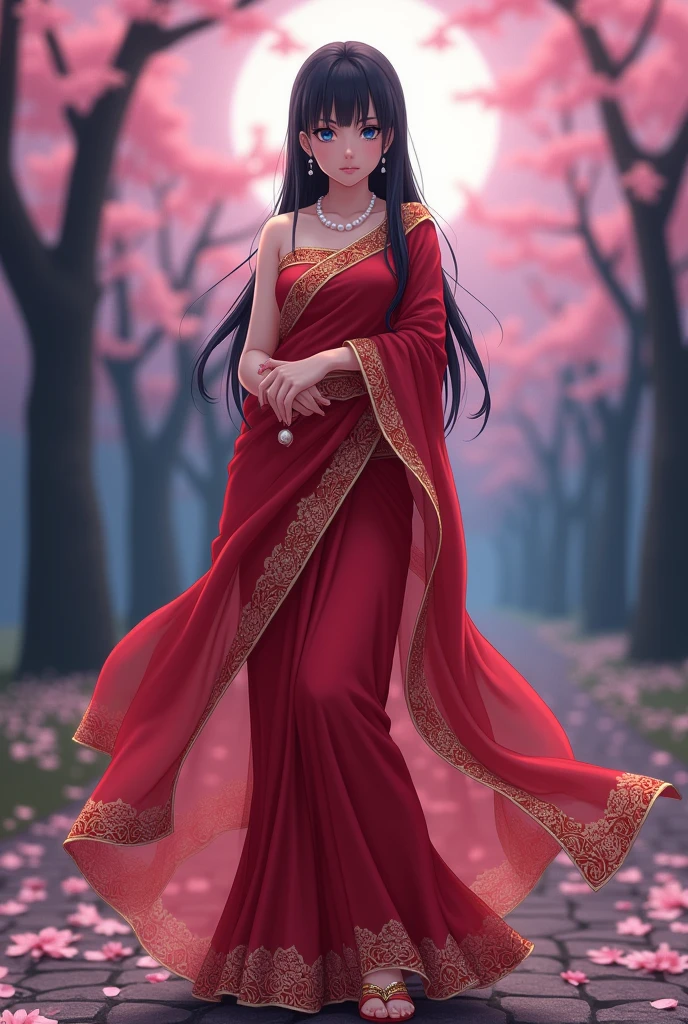 A stunning 16-year-old Hinata Hyuga, a beloved character from the Naruto franchise, elegantly draped in a crimson and gold sexy saree. Her soft pink blush contrasts with the vibrant colors of the outfit, as she stands with a gentle yet confident posture. The six-foot-long hair of hers cascades down her back in loose waves, with a few strands framing her delicate face. The upper half of the garment, a sleeveless blouse, is adorned with intricate gold embroidery that accentuates her modest cleavage and toned arms. The crimson and gold pattern of the lower half of the blouse blends into the voluminous red and gold bordered drape of the saree, which clings to her curvy figure. A matching gold waistband emphasizes her narrow waist and the way the material flows over her hips. Her legs are partially covered by the sheer petticoat, hinting at her shapely silhouette beneath. A pair of gold-strapped sandals with red soles peek out from the bottom of the drape. Her eyes, the same gentle blue as her signature Byakugan, are lined with kohl and hold a mysterious allure. Her natural makeup complements her youthful glow, and a soft smile plays on her lips. Above her neck, a single strand of pearls rests, matching the pearl earrings that dangle from her earlobes. The background is a serene mix of moonlit cherry blossom trees, giving the scene a romantic and mysterious atmosphere. The shadow of the Byakugan's veins lightly grazes her forehead, reminding us of her powerful heritage. The overall look is a captivating fusion of traditional and modern, innocence and sensuality, perfectly encapsulating the growth and beauty of the young kunoichi.