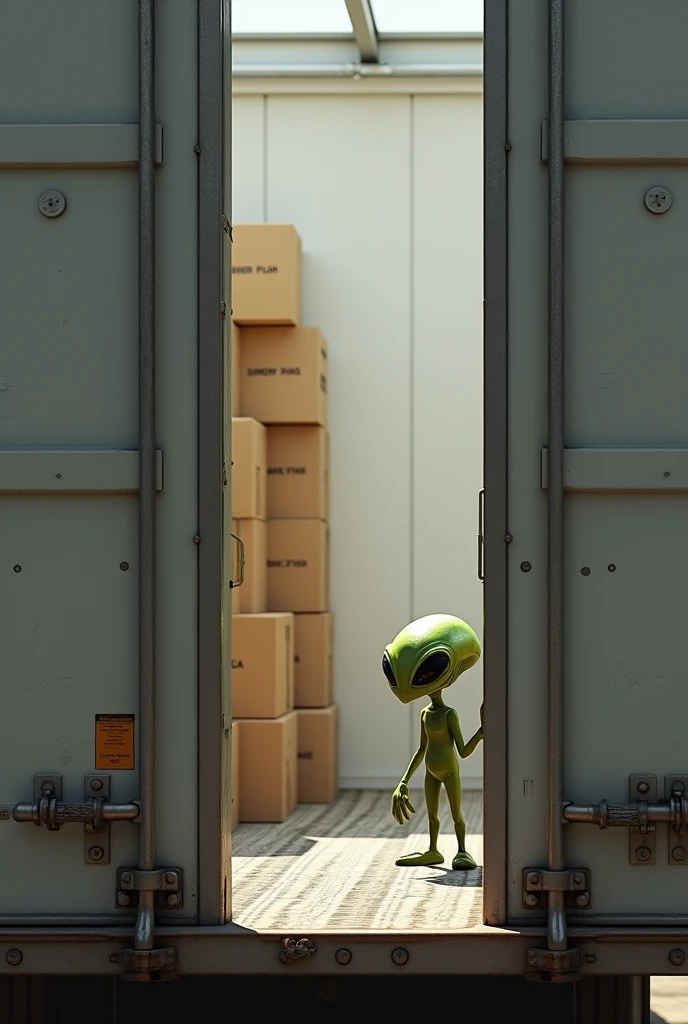 Create a realistic image where only the doors on the back of the truck bed are visible, where one of the doors will appear to be open and the other closed.. Through the open door you can see the back of the white room with some cardboard boxes stacked on one side and where only the head of a little Martian sticks out from the right from inside the room, who is holding one of the edges with one of his hands and is looking out. 
