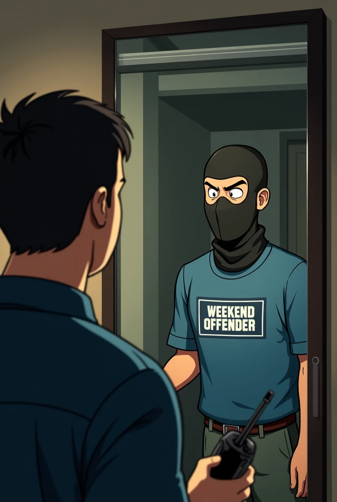the image is in the form of an animation of someone wearing a complete technician's outfit carrying an HT, short and neat hair like just having a haircut who is looking in the mirror in the closet but the reflection in the mirror is someone wearing a balaclava and a weekend offender logo shirt