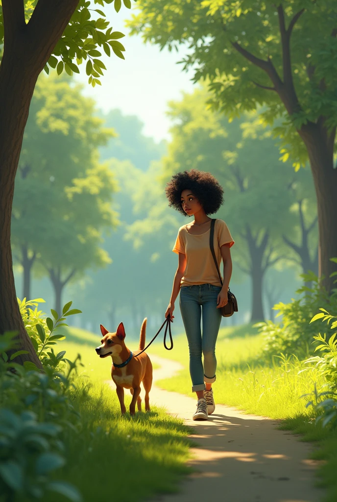 Brunette girl with short curly afro hair walking a dog and a wide background of a park behind her