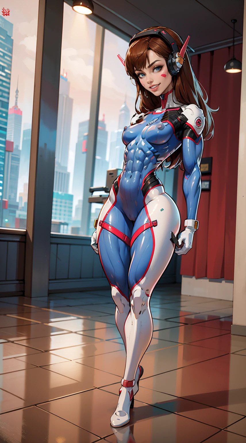 (muscular:2), (thick thighs:2), (abs),
(d.va), (asian girl:1.5), (big smile:1.6), long brown hair, blunt bangs, (whisker markings:1.2), swept bangs,
eyeshadow, pink lips, earrings,
(small breasts:2), hard nipples,
(full bodysuit:1.7), (headphones), white gloves, skin tight,
(looking at viewer:1.2), three quarter view, (cropped knees, upper body view:1.4),
(high tech room), rim lighting, two tone lighting, dim lighting, bokeh, detailed skin, detailed eyes