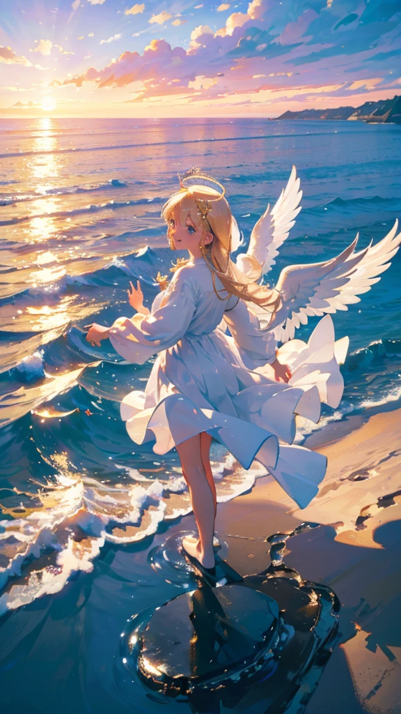 Angel, Standing on one foot on the sea, White dress, Spread your wings, A golden halo on his head, Daytime, smile, Surrealism, cinematic lighting, UHD, best quality, highres, 8k