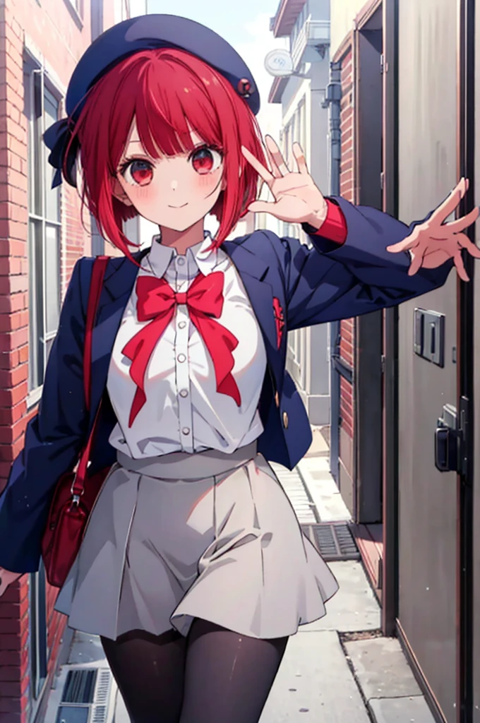 1girl, shintarou style, Arima Kana,Red hair,Red Eye, bob hair,Navy beret, white blouse, navy school uniform, navy inner sweater, pink ribbon on chest, gray skirt, Black pantyhose, big smile,open mouse,He comes running towards me, waving his hands enthusiastically.,Daytime