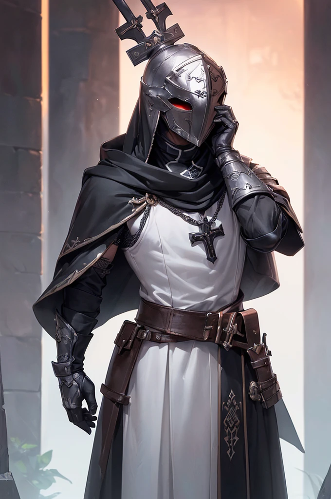 (((masterpiece; best quality: 1.2))), ((1 templar)), ((solo)), (no face: 1.4), (body shape; toned, lean, masculine: 1.3), (beautiful and clear background: 1.2), ((depth of field)), (equipment: templar garb + surcoat with cross + chainmail shirt + closed helmet + leather gloves + black cloak : 1.3), (anime illustration: 1.2), (background composition; palace garden + plants: 1.1), (shot composition; standing + centered on head + bust close-up: 1.5)