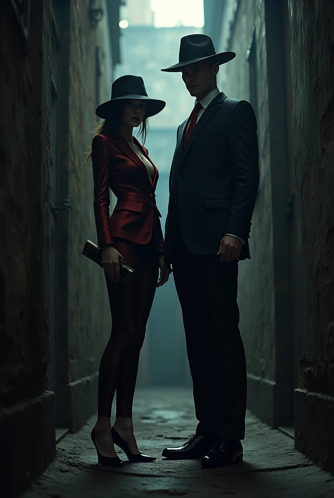 
Make two Umbanda entities, with the mysterious image. Make a girl in a hat and a black and red suit next to a black guy in a black suit, black hat and red tie, at the bottom of a dark alley. 