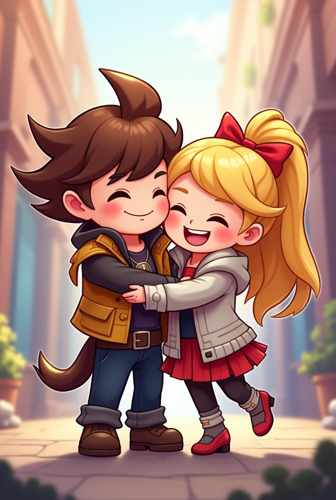Cartoon style: Granger and Angela In Mlbb game, chibi style, hugs each other.