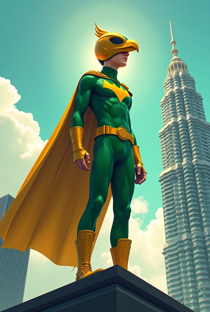 intricate detailed illustration of a teenage boy wearing a helmet with a bird face, green suit, cape, standing on top of a building, hyper realistic, 8k, photorealistic, masterpiece, cinematic lighting, vibrant colors, dramatic composition. Yellow boots. Background klcc. 