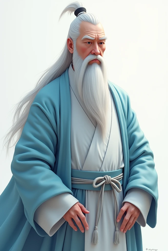 Older man with Asian features, His beard is long and white, Her hair is straight, white and long., his expression is serious, Their clothes are traditional Chinese in shades of light blue and white., digital illustration of video game characters